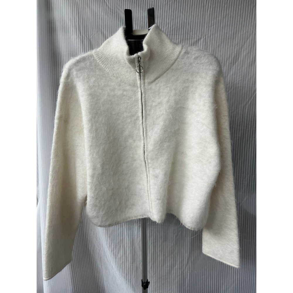 Wild Fable Womens Fuzzy Zip-Up Sweater Jacket Off-White Cropped Mock Neck Large